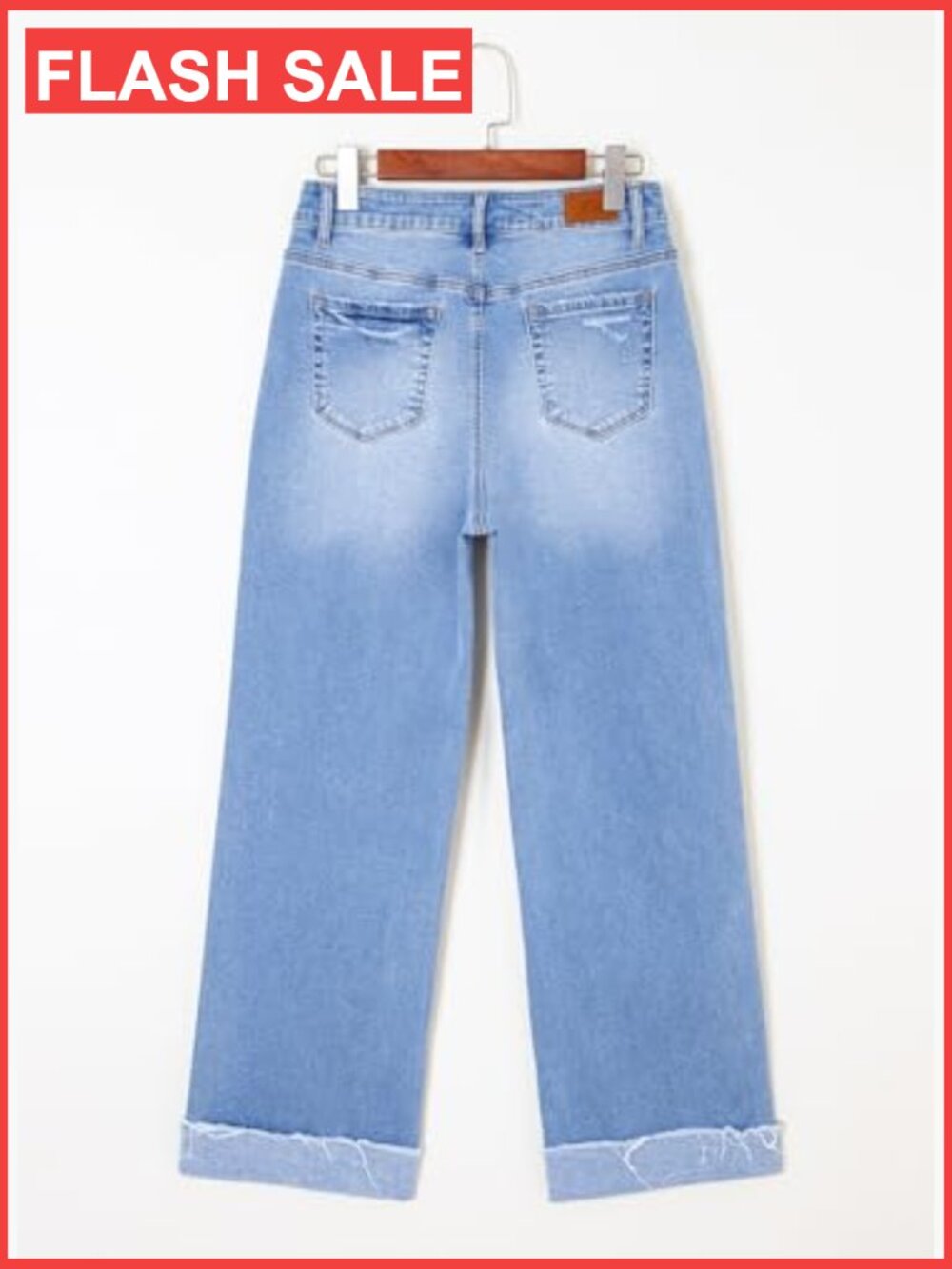 High Waisted Wide Leg Jeans with Distressed Details and Folded Hem - Picture 6 of 7